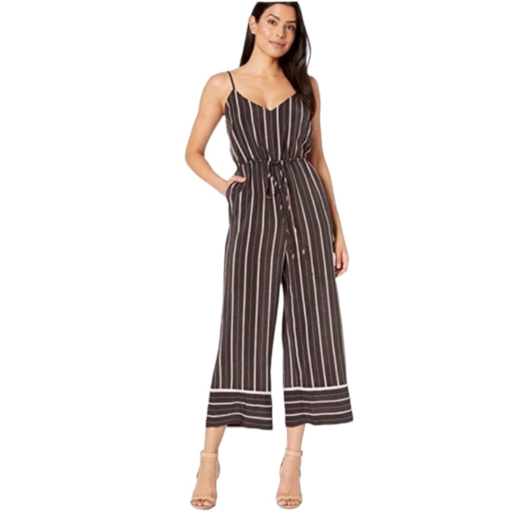 Vince Camuto Women's spaghetti strap black wide leg striped jumpsuit, Sz M